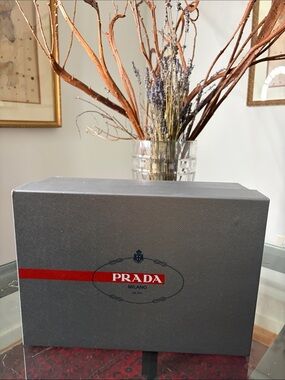 Authentic Prada Branded Box - Gray with Red Stripe 14x9.75x5